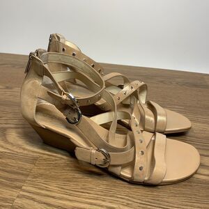 Isola Wedges Leather Strappy Wedge Sandal Womens Size 10M Beige Zipper